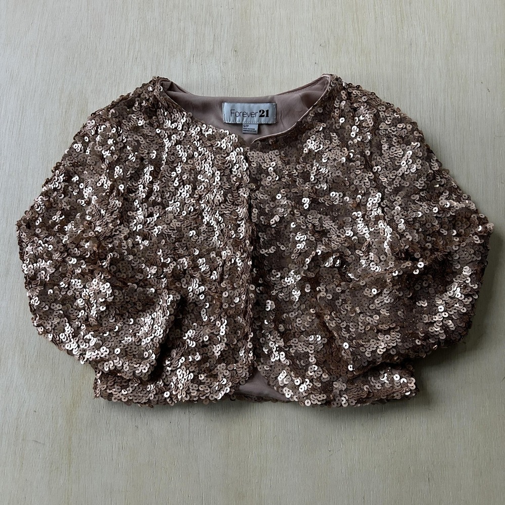 Forever 21 Jacket Womens S Rose Gold Sequin Mesh Open Front Lined Short Cropped